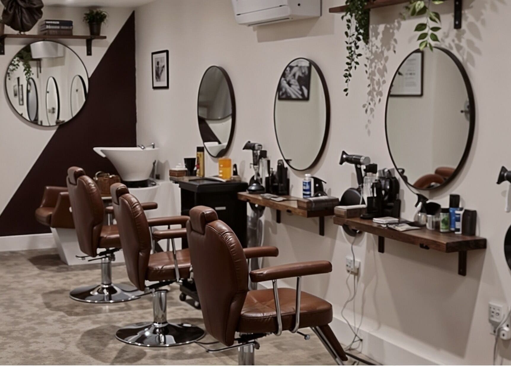 Interior view of Copper Row Barbers in London, England, GB showcasing modern barber chairs and mirrors.