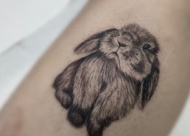 Detailed rabbit tattoo inked at Fineline Tattoos By Carla, Melbourne, Victoria, AU. Unique and artistic design.