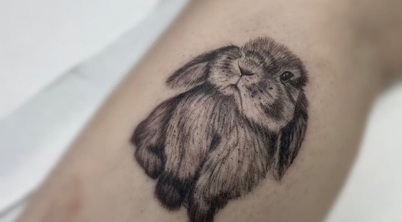Detailed rabbit tattoo inked at Fineline Tattoos By Carla, Melbourne, Victoria, AU. Unique and artistic design.