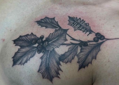 Fineline Tattoos By Carla showcases a detailed leaf tattoo in Melbourne, Victoria, AU.