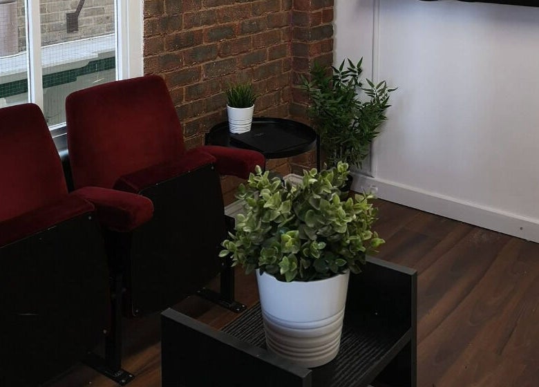 Inviting waiting area at Arcade Eight Piercing, Newport Pagnell, England, GB with plush red seating and greenery.
