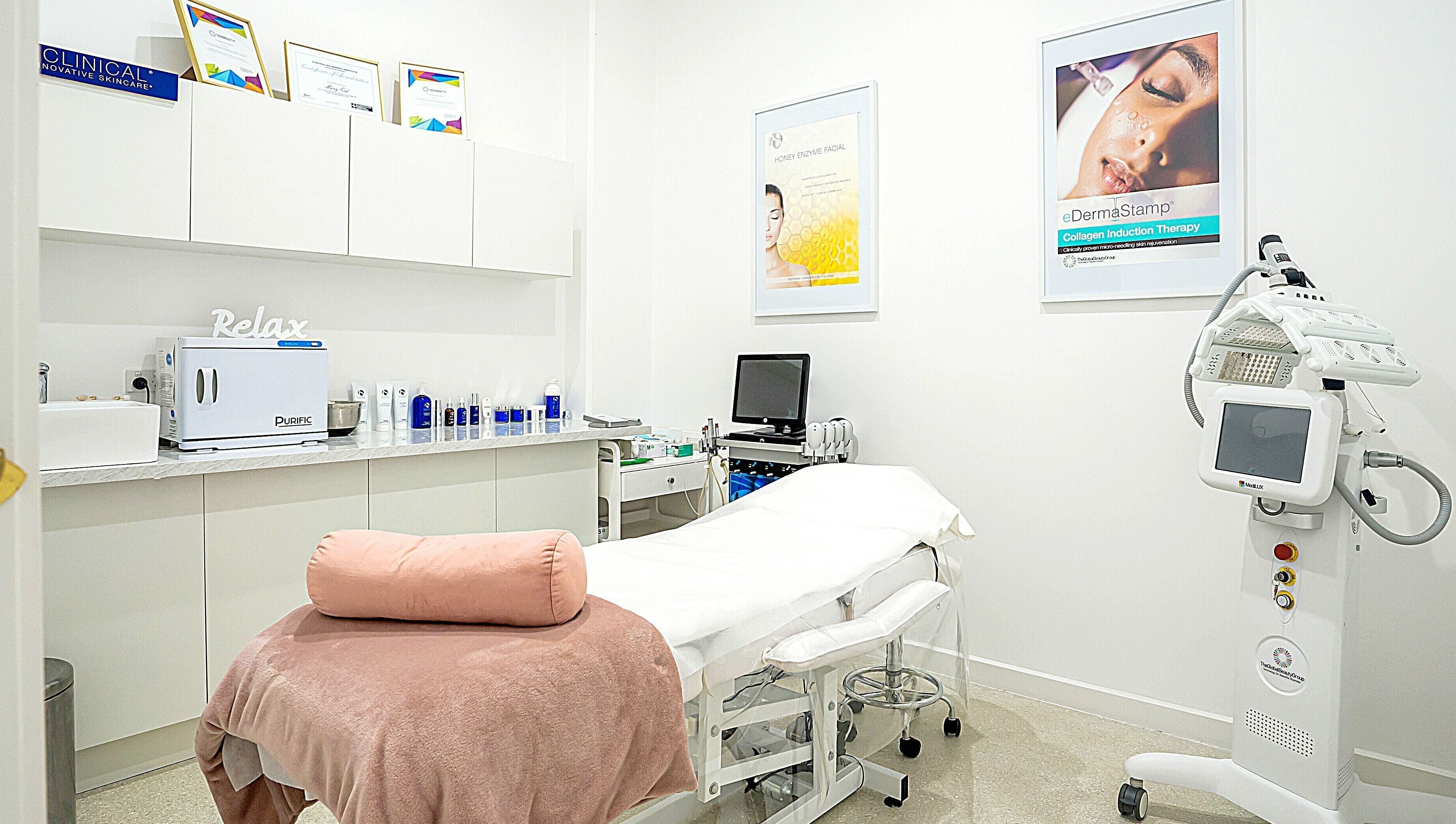 Hydra Skin Bar treatment room in Melbourne, Victoria, AU, featuring a relaxing setup for beauty therapies.