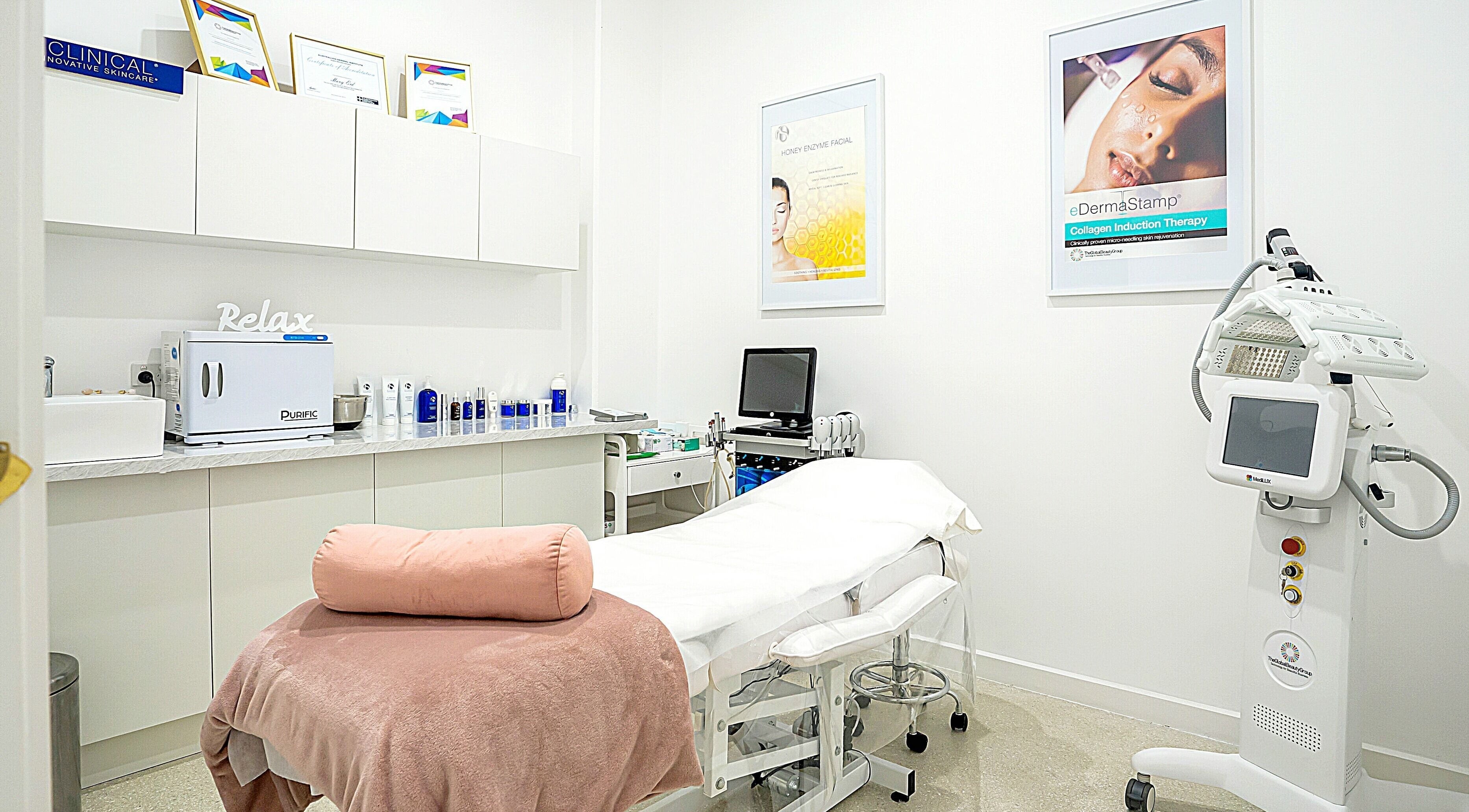 Hydra Skin Bar treatment room in Melbourne, Victoria, AU, featuring a relaxing setup for beauty therapies.