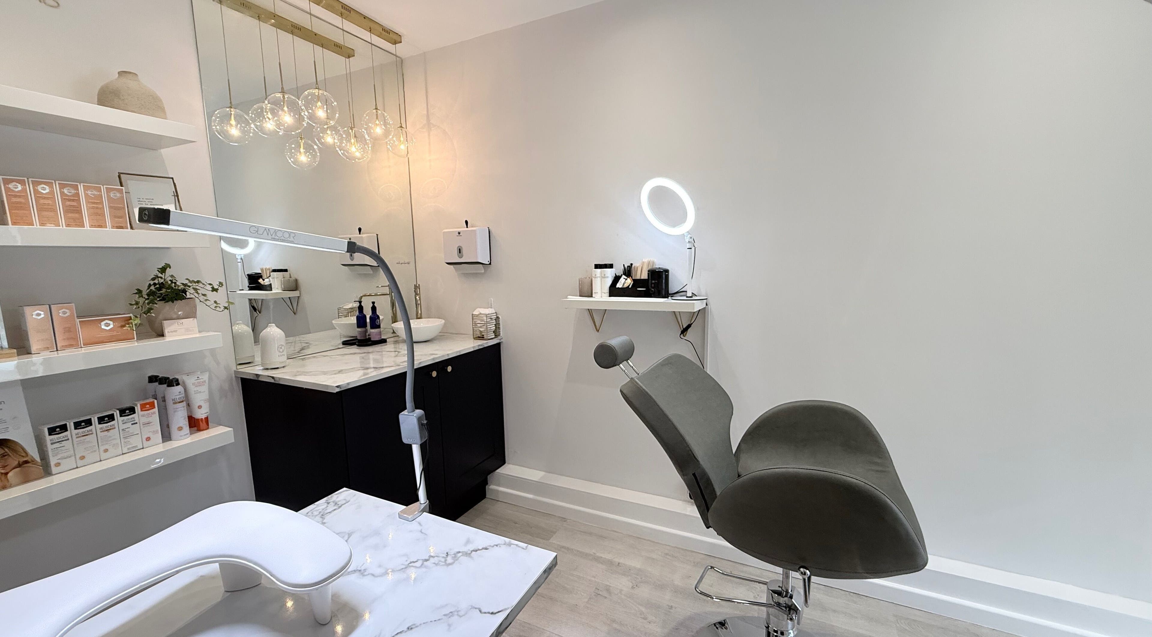 Chic beauty treatment room at The Beauty Lab in Culcheth, England, GB featuring modern decor and equipment.