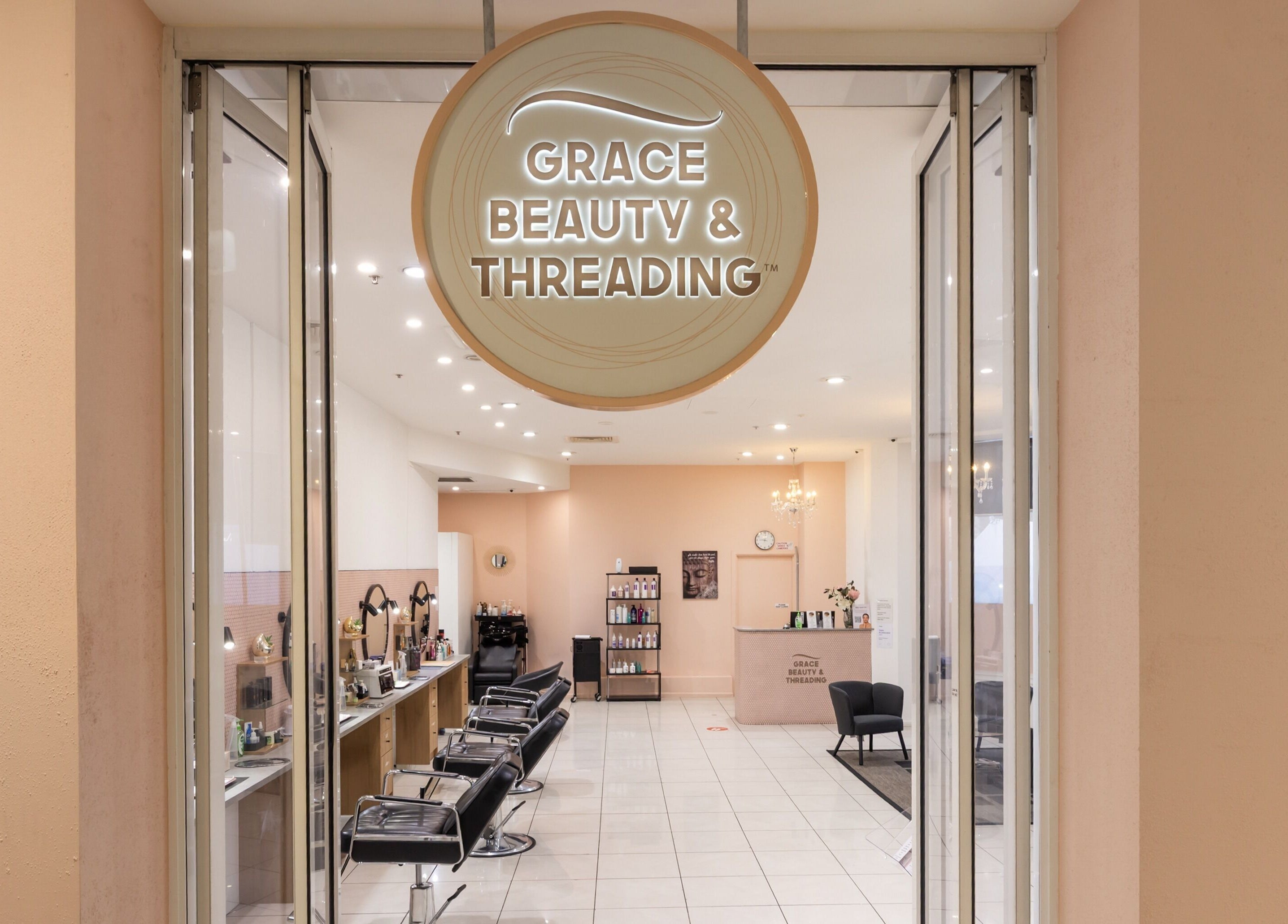 Entrance of Grace Threading- Myer Centre in Brisbane City, Queensland, AU showcasing elegant salon interior.
