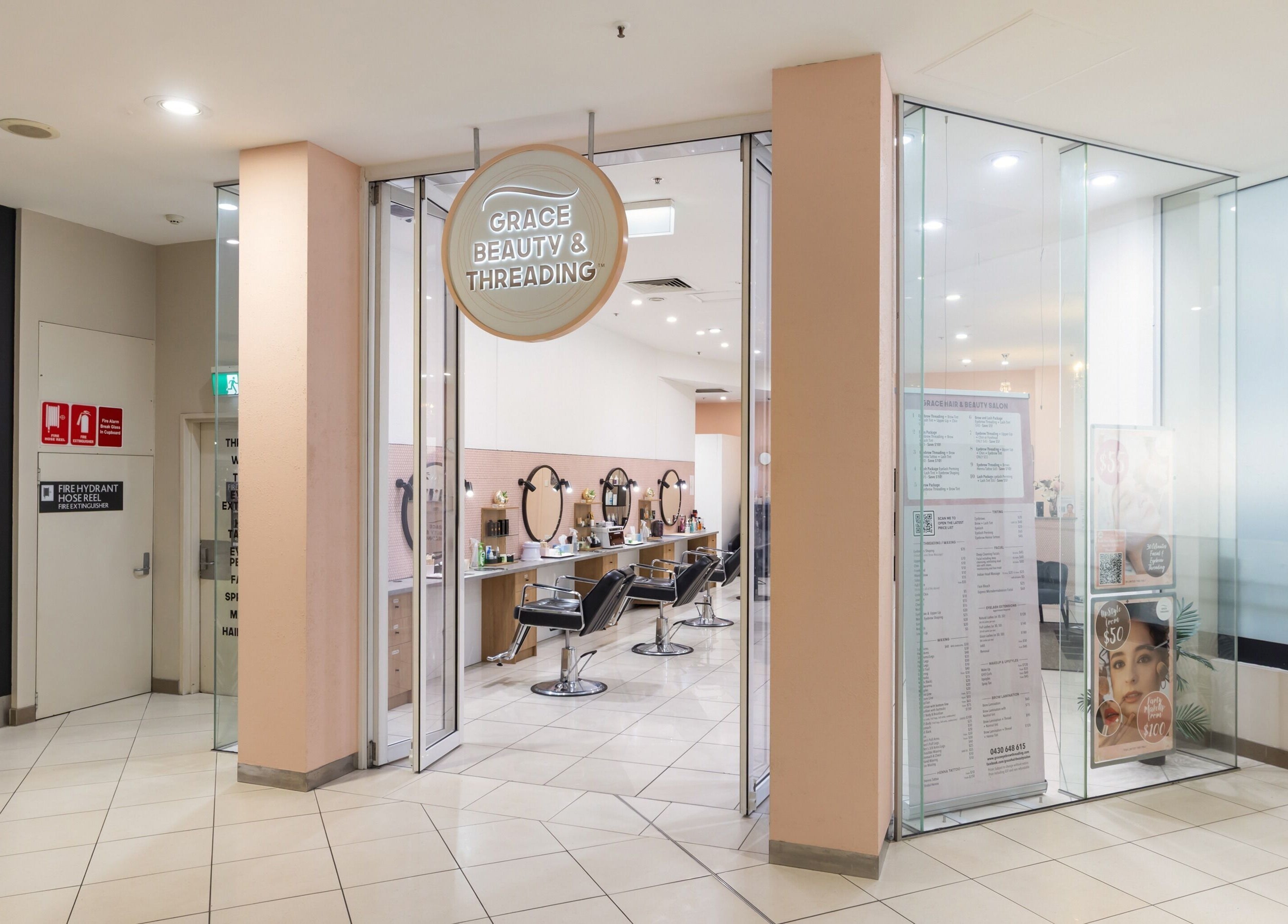 Entrance of Grace Threading- Myer Centre, a beauty salon in Brisbane City, Queensland, AU with modern interior.