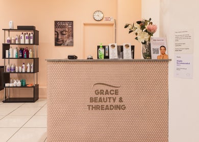 Reception area of Grace Threading- Myer Centre in Brisbane City, Queensland, AU featuring a modern aesthetic.