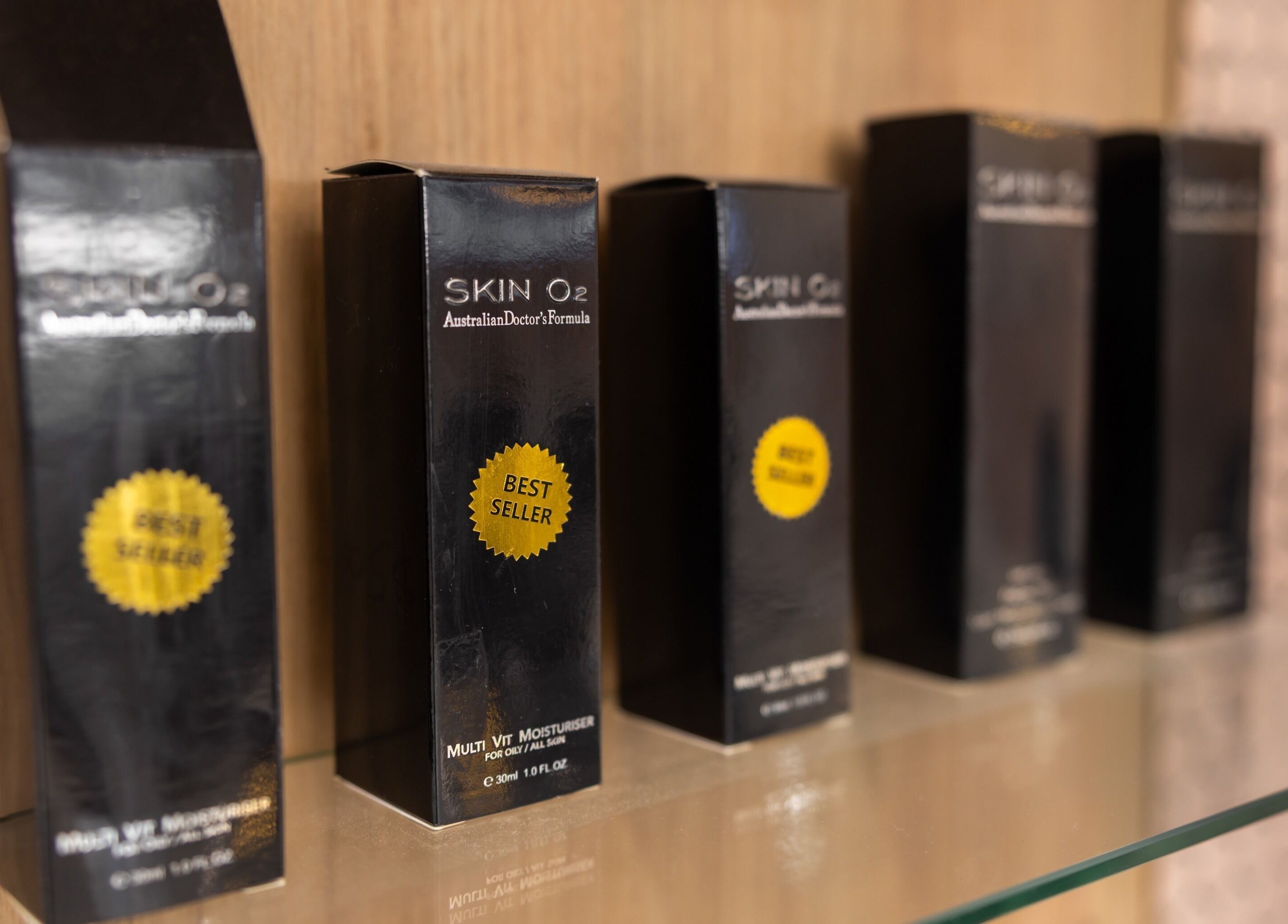 Array of Skin O2 products on display at Grace Threading- Myer Centre, Brisbane City, Queensland, AU.