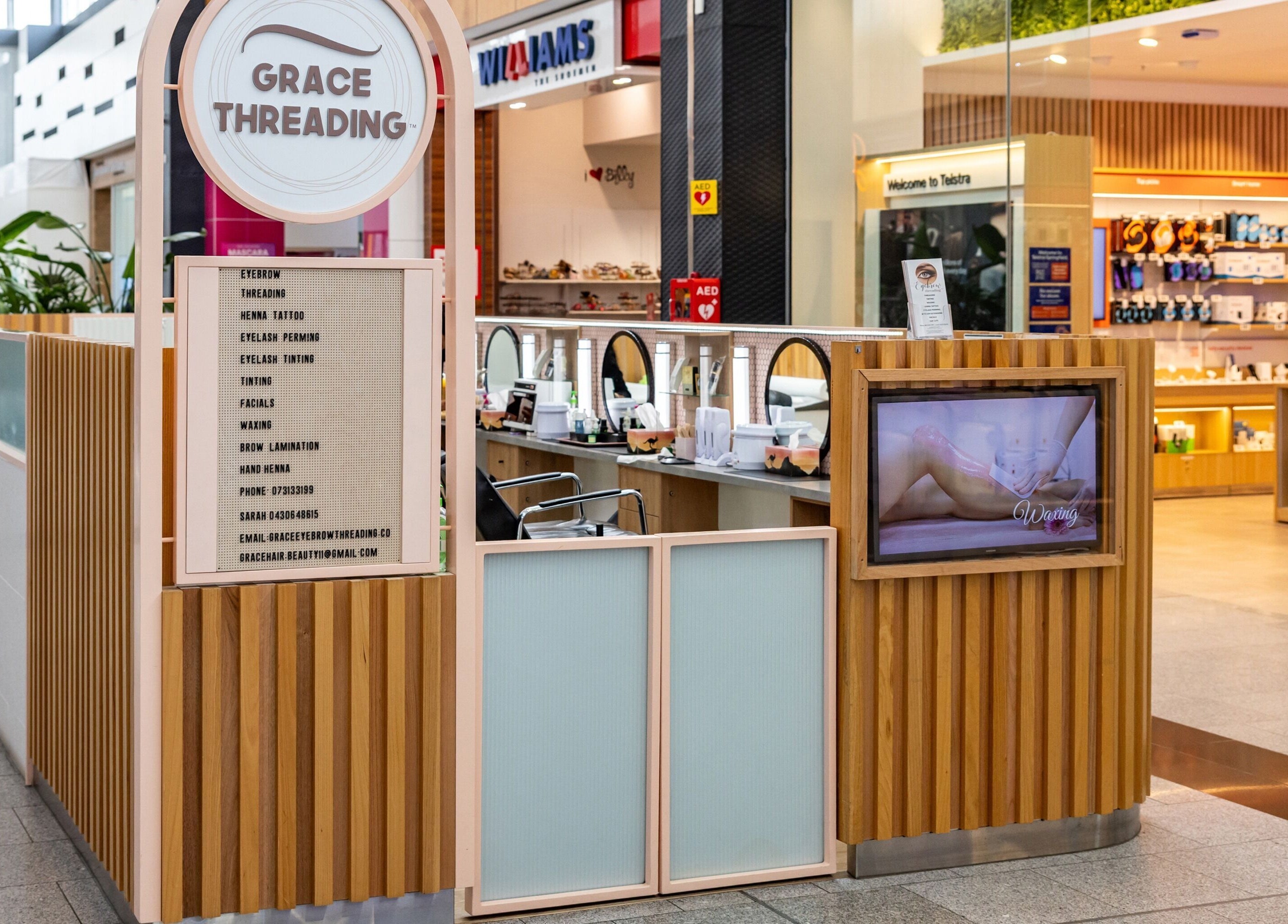 Inside Grace Threading at Orion Springfield Central, a sleek, inviting beauty service setup in Springfield Central, Queensland, AU.