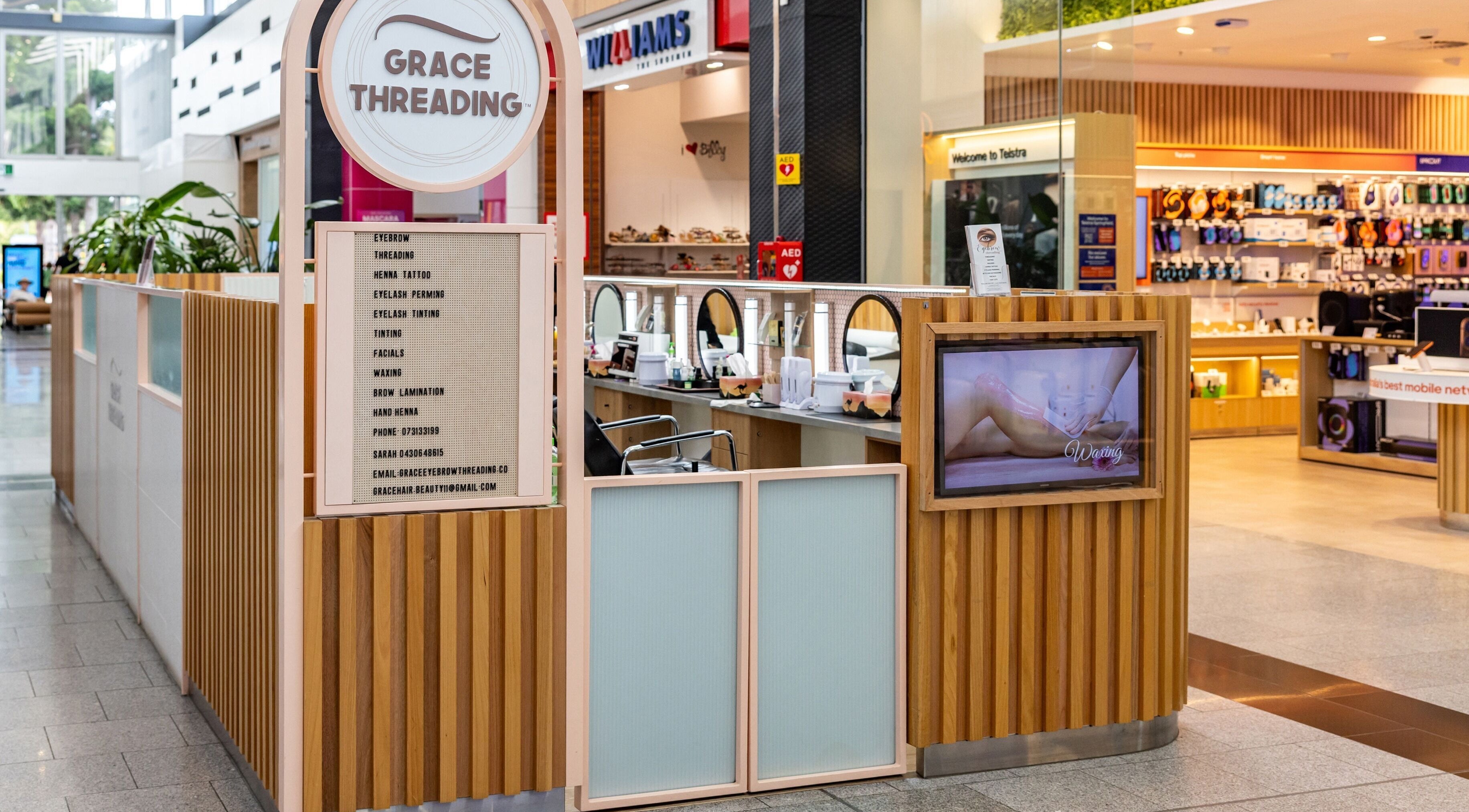 Inside Grace Threading at Orion Springfield Central, a sleek, inviting beauty service setup in Springfield Central, Queensland, AU.