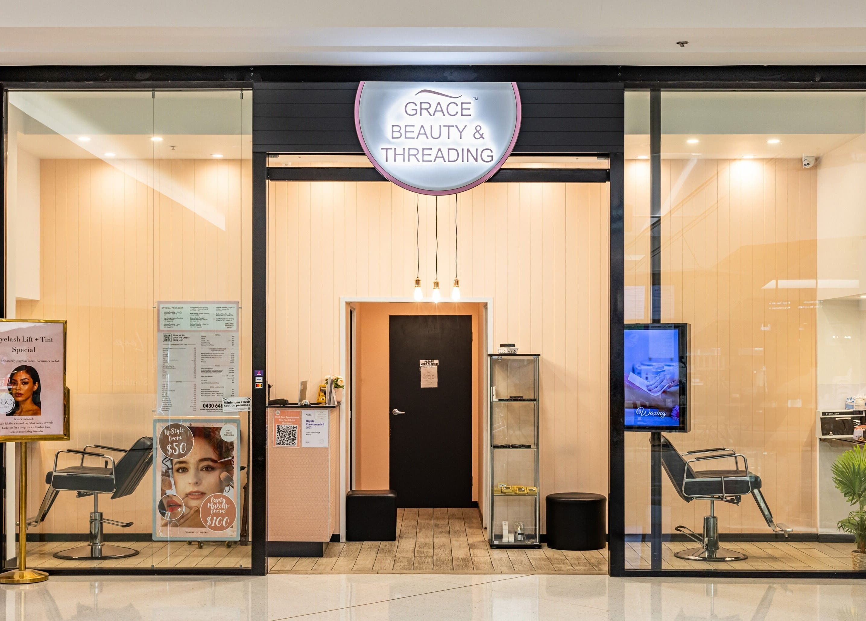 Entrance of Grace Beauty and Threading at Strathpine Centre, Strathpine, Queensland, AU. Elegant salon interior.