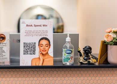 Reception desk at Grace beauty and Threading - Strathpine Centre, Strathpine, Queensland, AU with promotional display.
