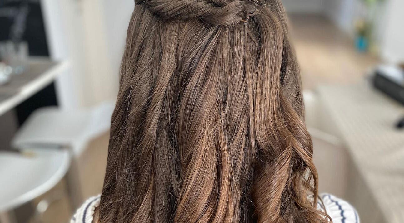 Beautifully styled long brown hair at Sarah’s Unisex Salon, Saint Julian's, MT.