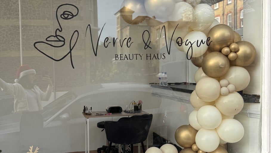 Verve & Vogue Beauty Haus entrance with festive balloons in Westgate-on-sea, England, GB.