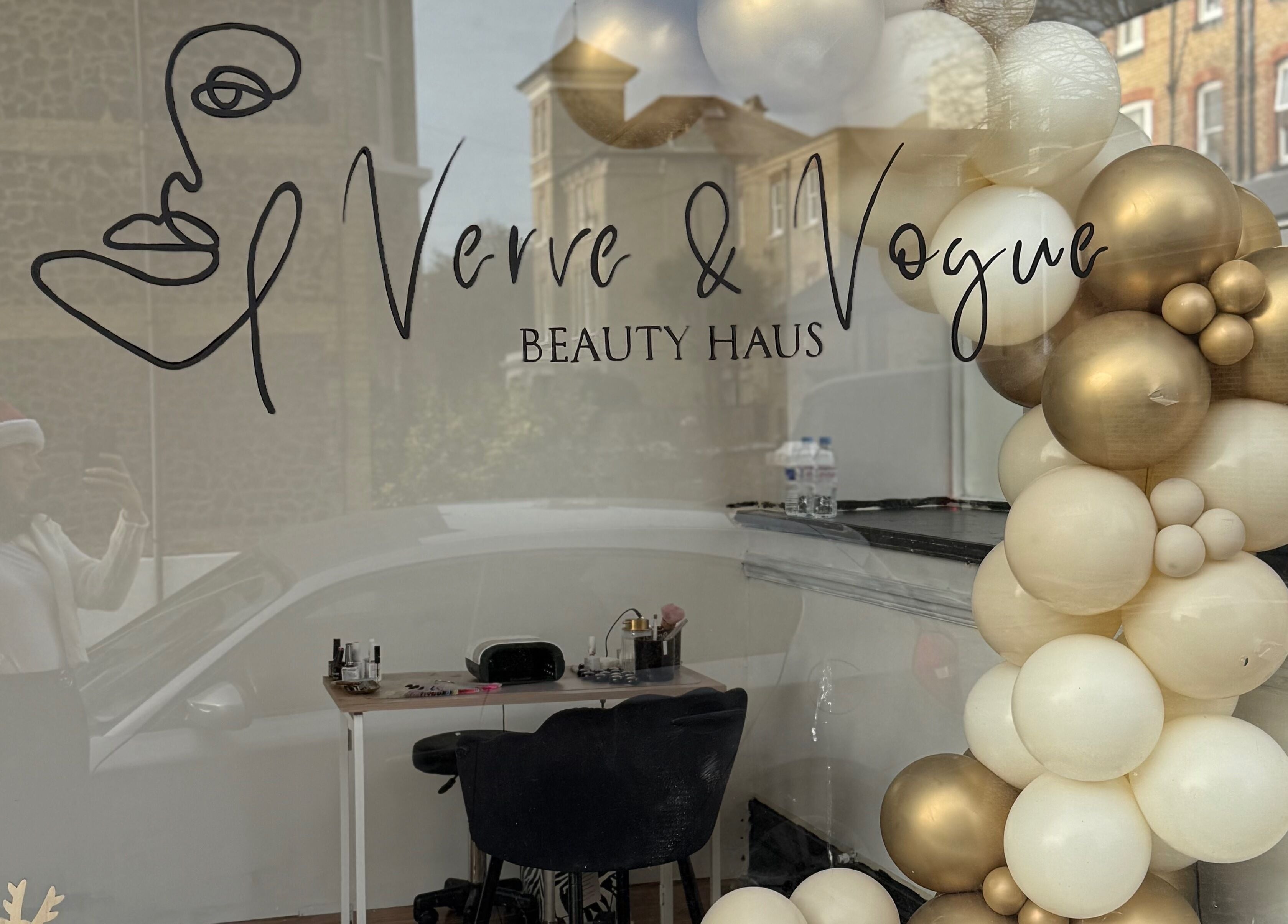Verve & Vogue Beauty Haus entrance with festive balloons in Westgate-on-sea, England, GB.