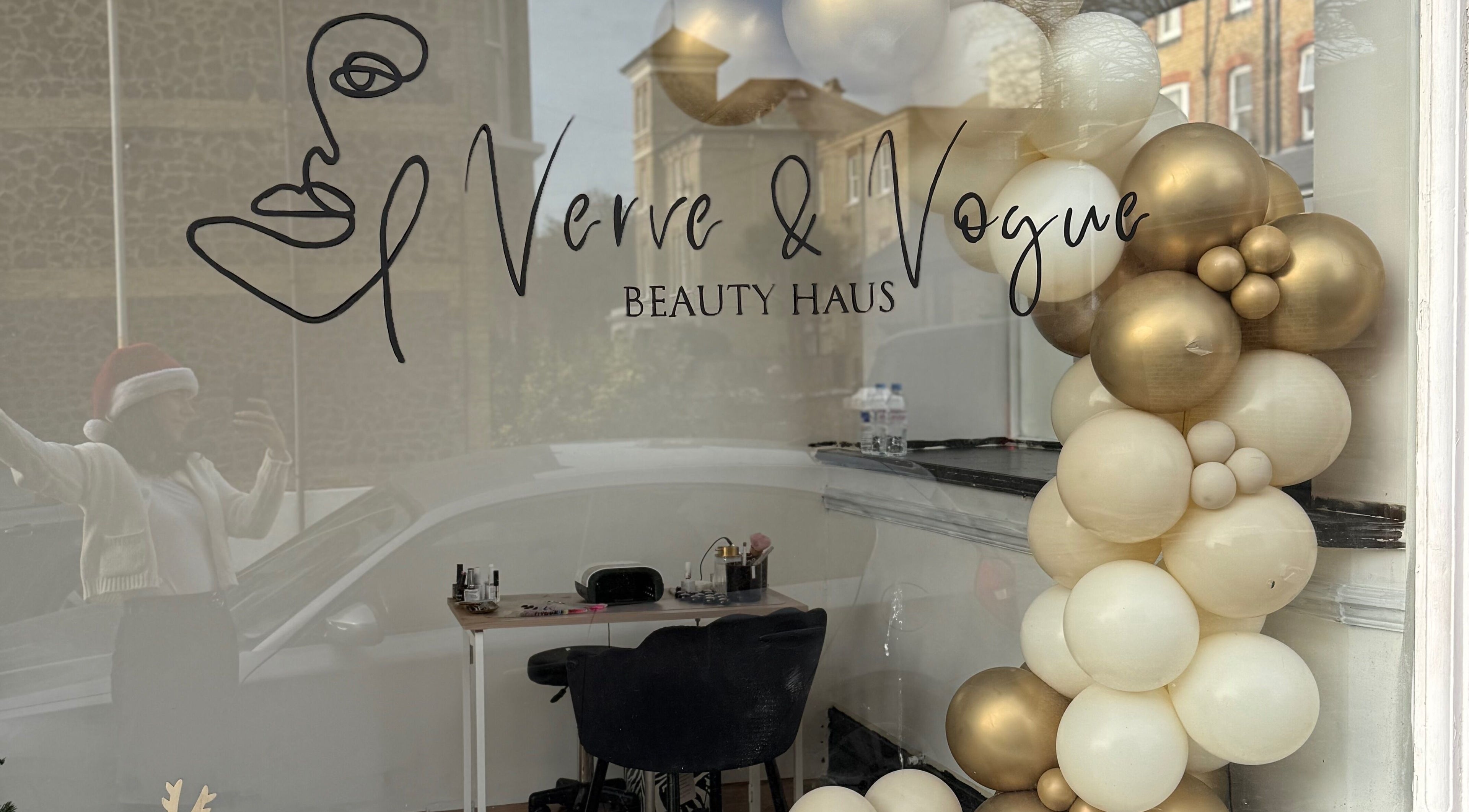 Verve & Vogue Beauty Haus entrance with festive balloons in Westgate-on-sea, England, GB.