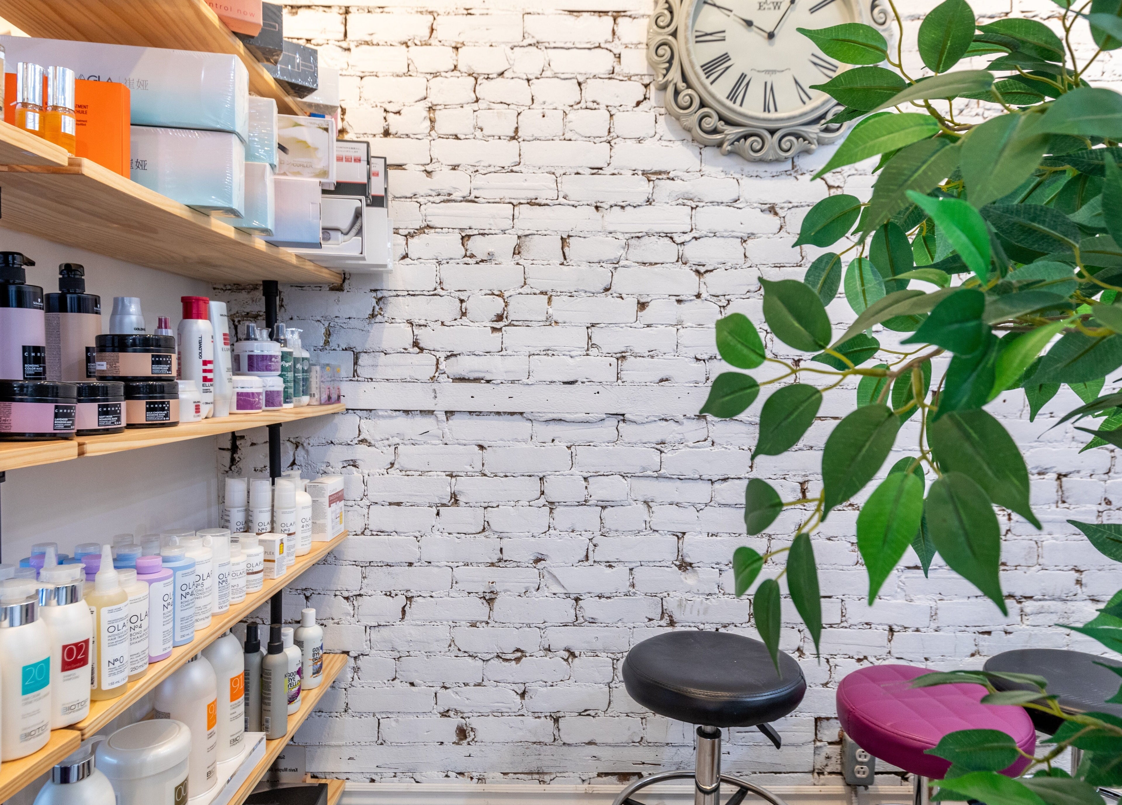 Shelves of beauty products in IN Salon-Saint-Mathieu (1439 Saint-Mathieu), Montréal, Québec, CA with plants.