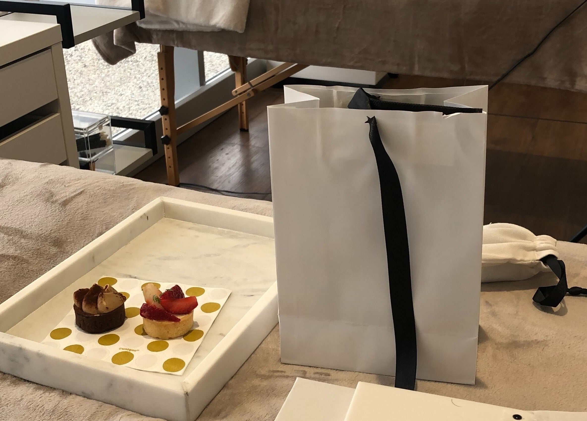 Luxurious setup with desserts and a gift bag at Theory Lash & Brow, Buddina, QLD, Queensland, AU.