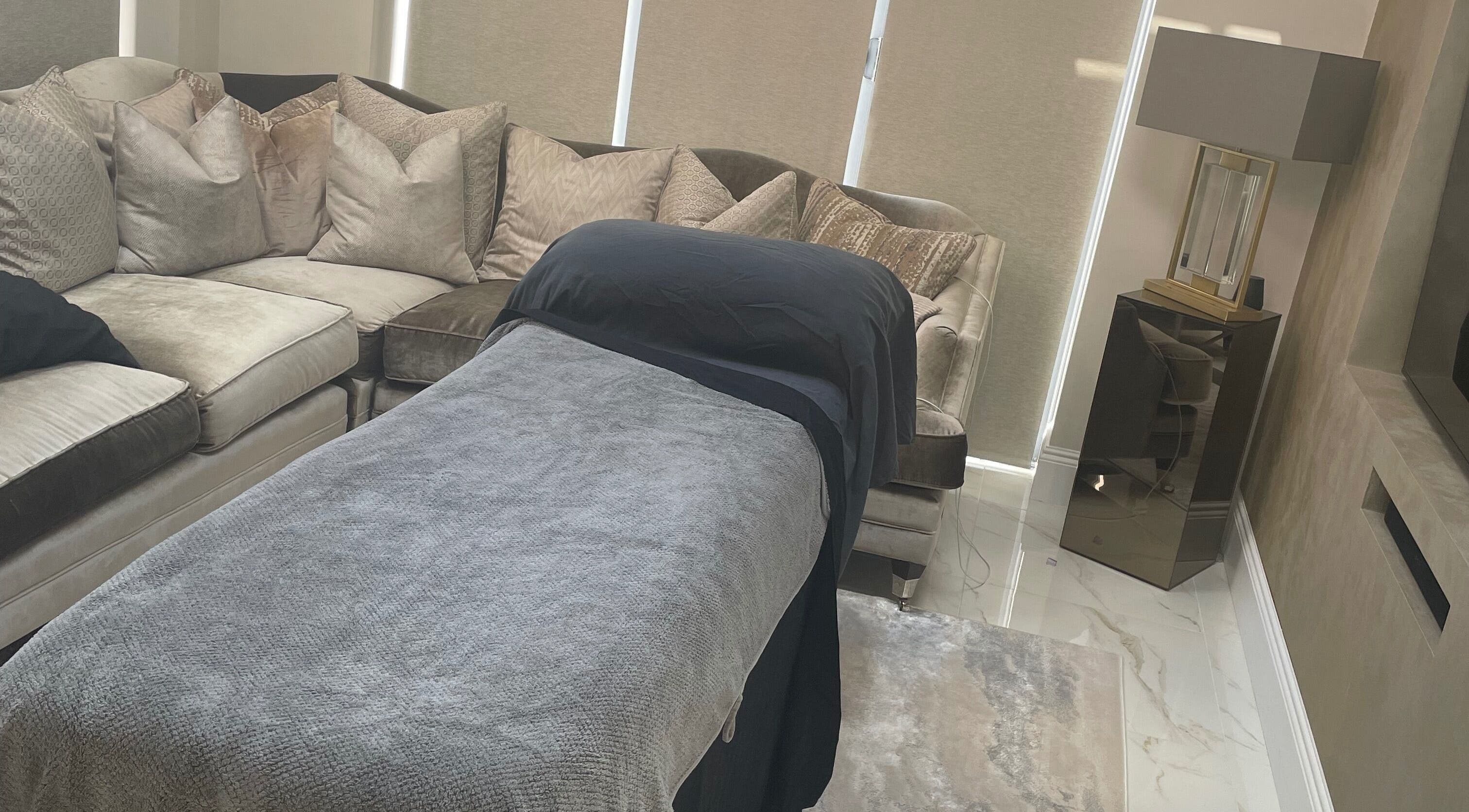 Comfortable treatment area at Graceful Aura - Mobile Services Liverpool, England, GB. Relaxed, elegant ambiance.