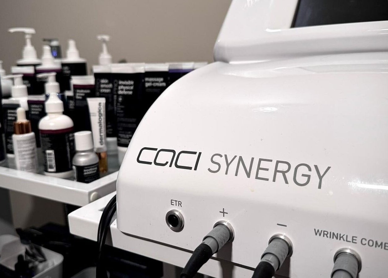 CACI Synergy machine and beauty products at Nu Haven, London, England, GB: advanced skincare technology.