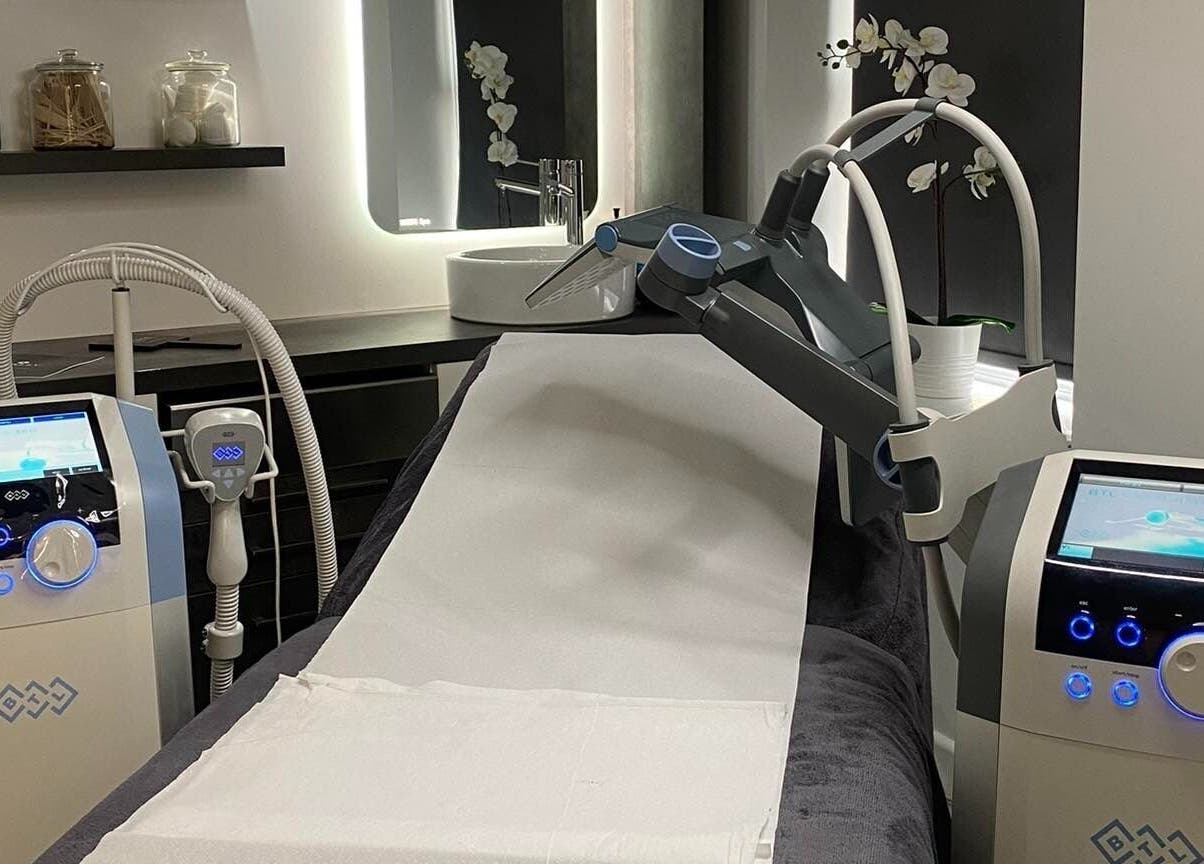 Advanced treatment room at Harley Skin and Laser, Stoke-on-Trent, England, GB with modern aesthetic equipment.