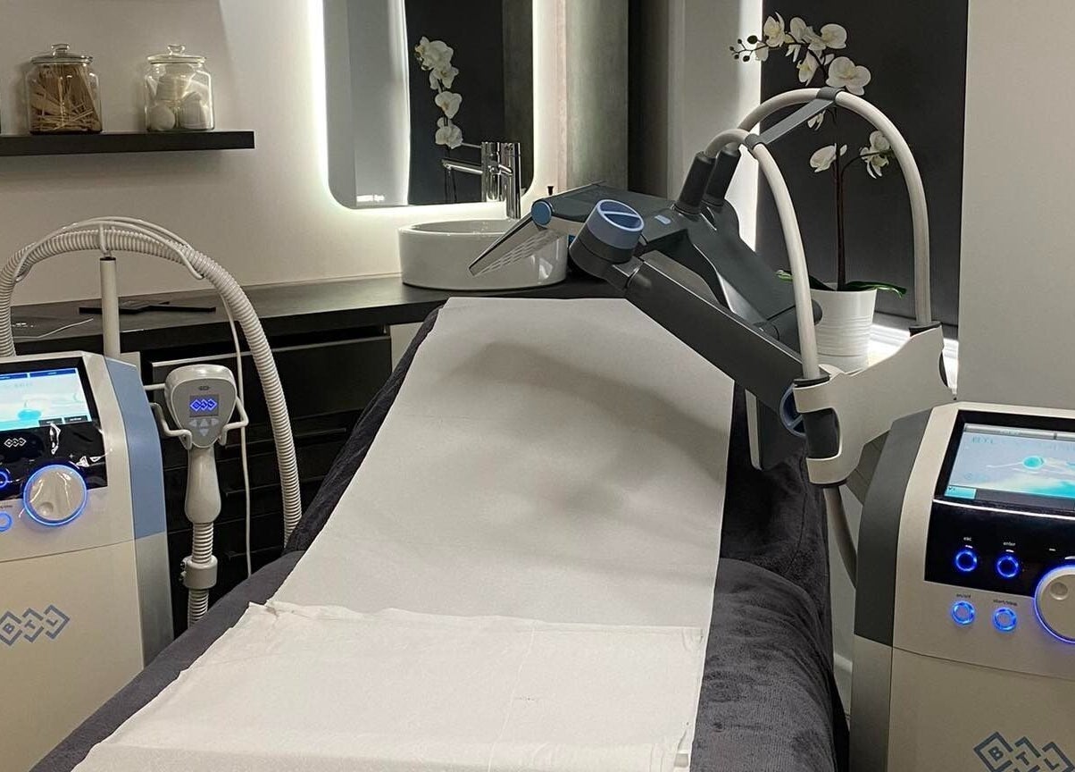 Advanced treatment room at Harley Skin and Laser, Stoke-on-Trent, England, GB with modern aesthetic equipment.