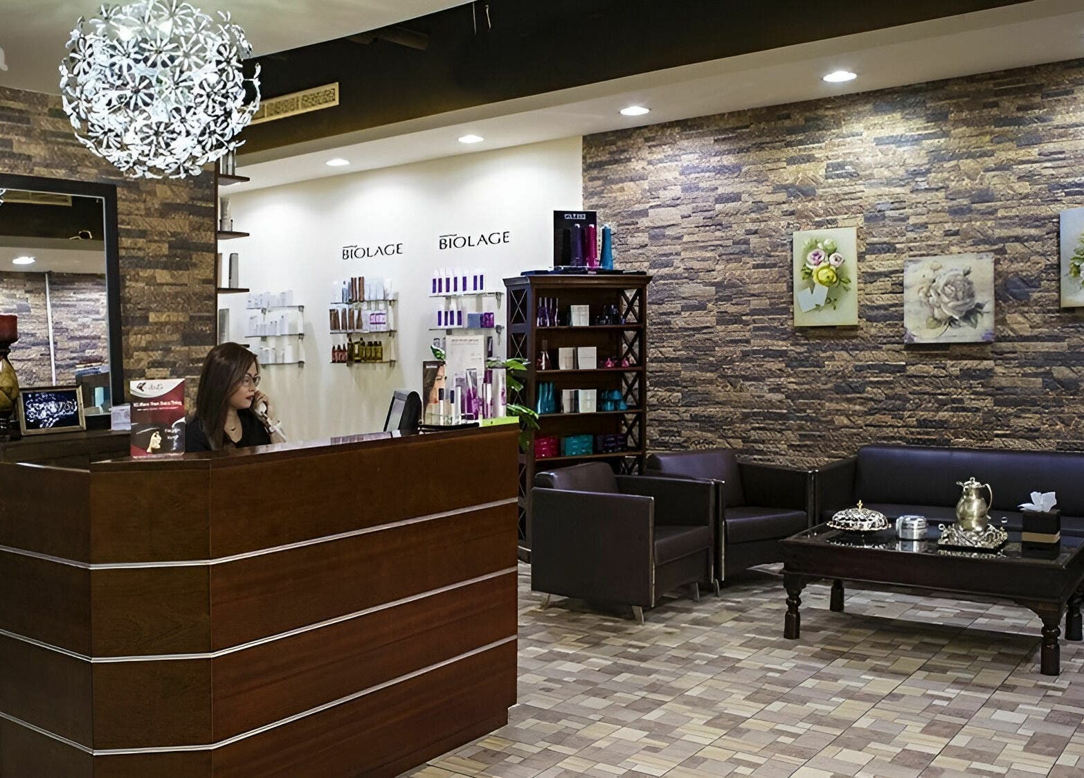 Reception area of Stella Beauty Salon in Dubai, Dubai, AE with modern decor and welcoming ambiance.