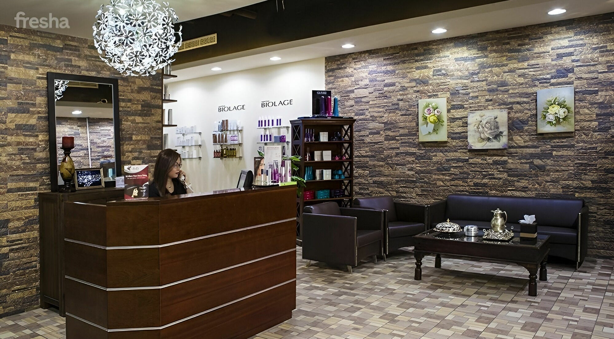 Reception area of Stella Beauty Salon in Dubai, Dubai, AE with modern decor and welcoming ambiance.