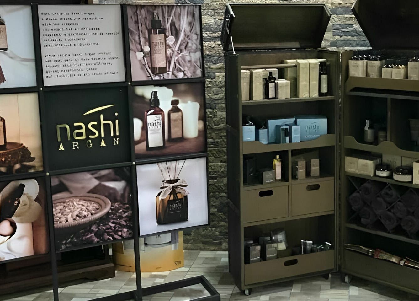 Sophisticated Nashi Argan product display at Stella Beauty Salon, Dubai, Dubai, AE.