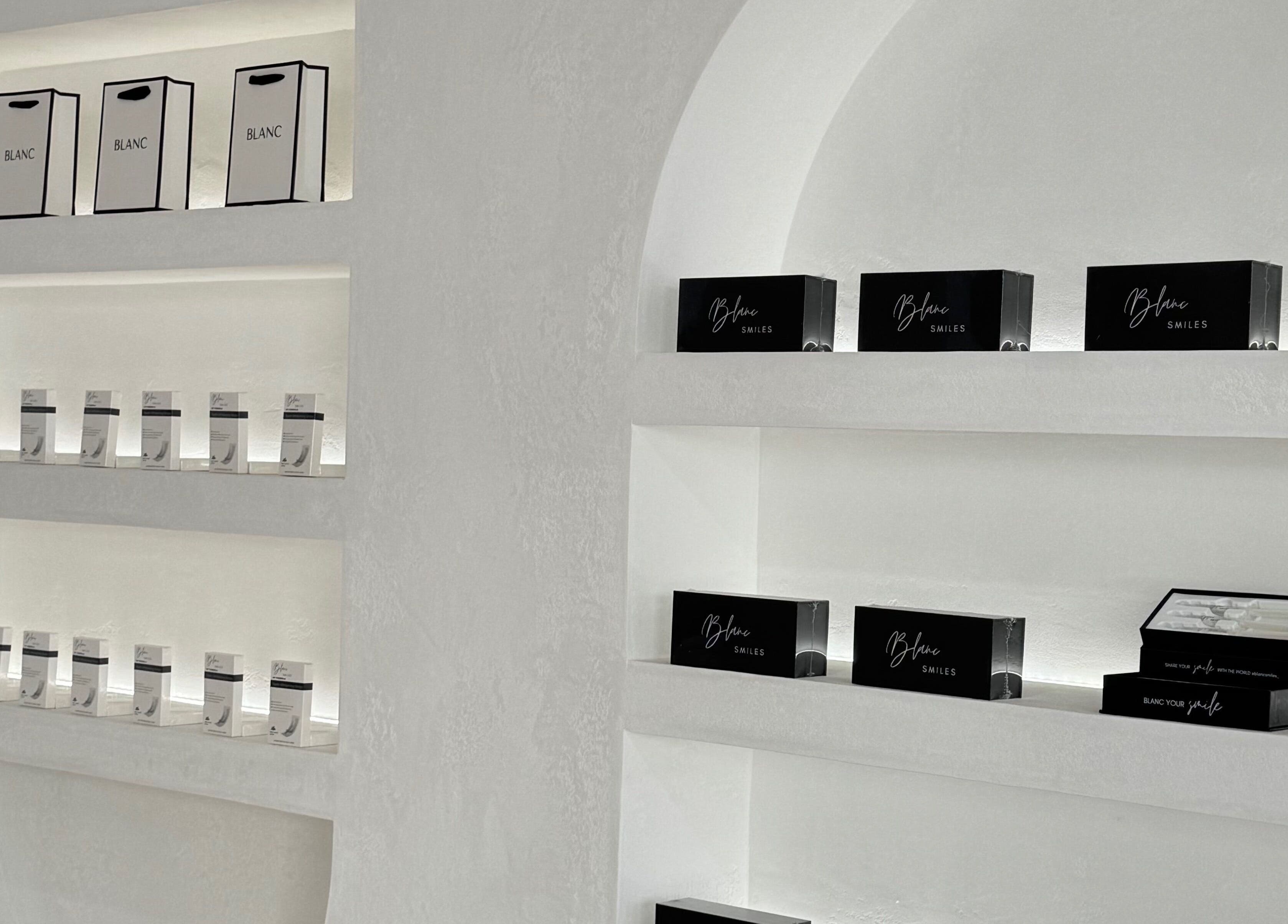 Shelves at Blanc Salon showcasing elegant beauty products in Surfers Paradise, Queensland, AU.