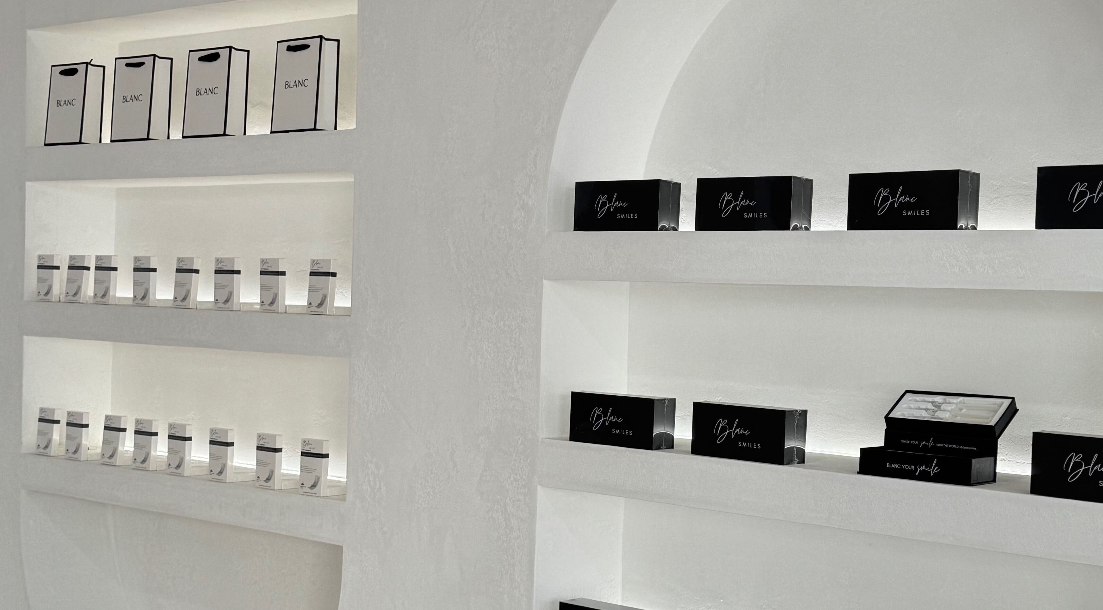 Shelves at Blanc Salon showcasing elegant beauty products in Surfers Paradise, Queensland, AU.