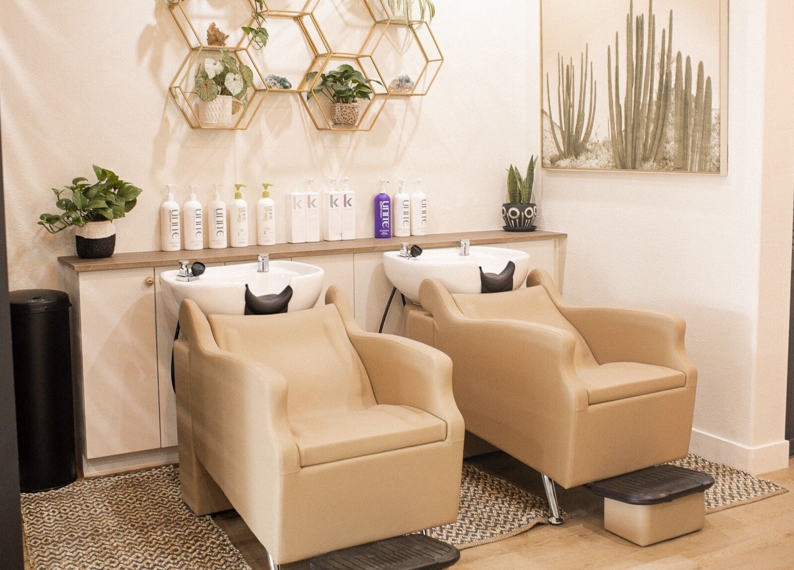 Stylish hair wash stations at The Acacia Salon in San Diego, California, US adorned with modern decor.