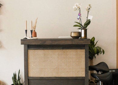 Luxurious reception area at The Acacia Salon in San Diego, California, US, with elegant decor and warm lighting.