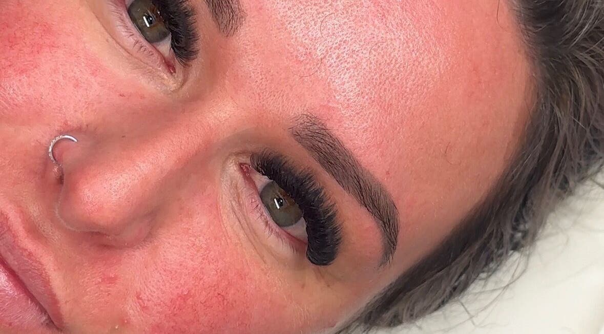 Close-up of expertly shaped brow and enhanced lashes by Taylor Smith- Lash and Brow Artist in Worksop, England, GB.