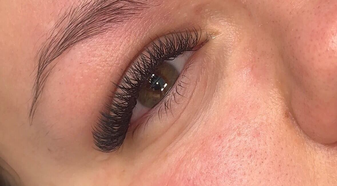 Close-up of expertly styled lashes by Taylor Smith- Lash and Brow Artist in Worksop, England, GB.