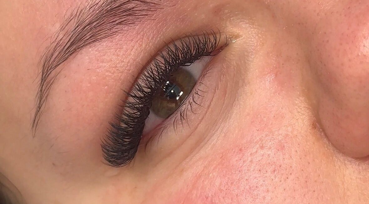 Close-up of expertly styled lashes by Taylor Smith- Lash and Brow Artist in Worksop, England, GB.
