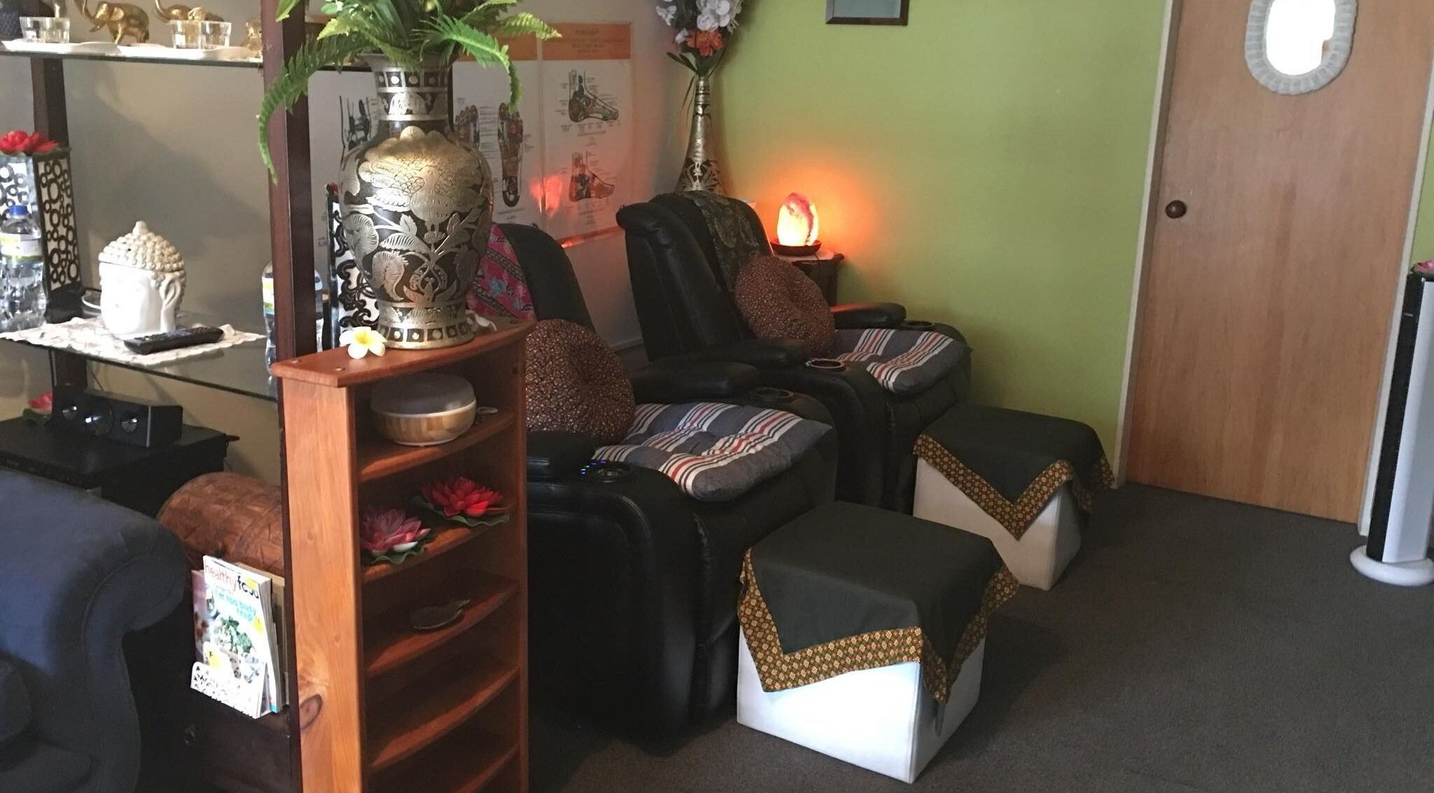 Cozy massage chairs in Thai Sabai, Paraparaumu, Wellington, NZ, offering a serene spa atmosphere.