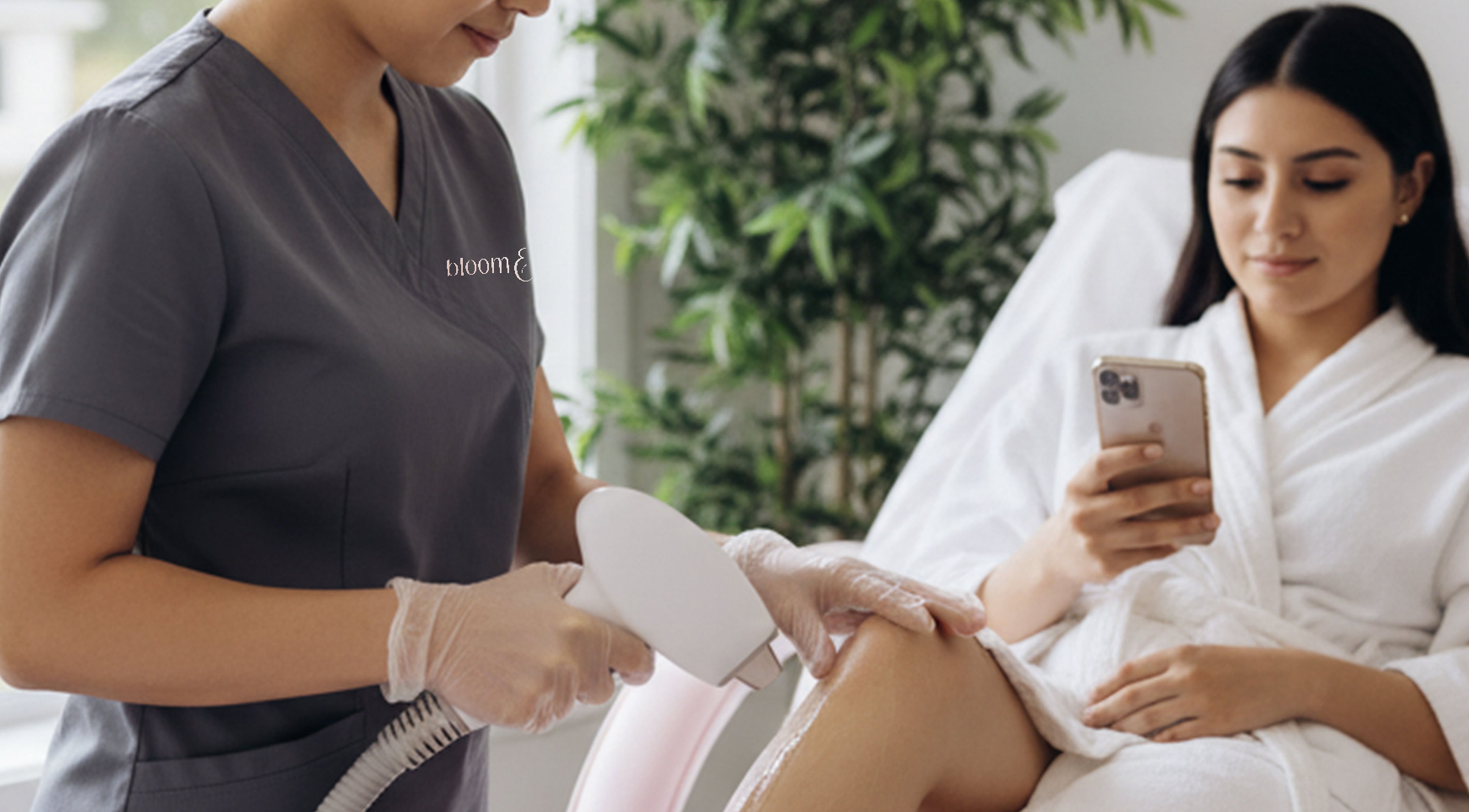 Mobile laser hair removal at Bloom & Bare Krugersdorp, Gauteng, ZA. Relaxed client with phone.