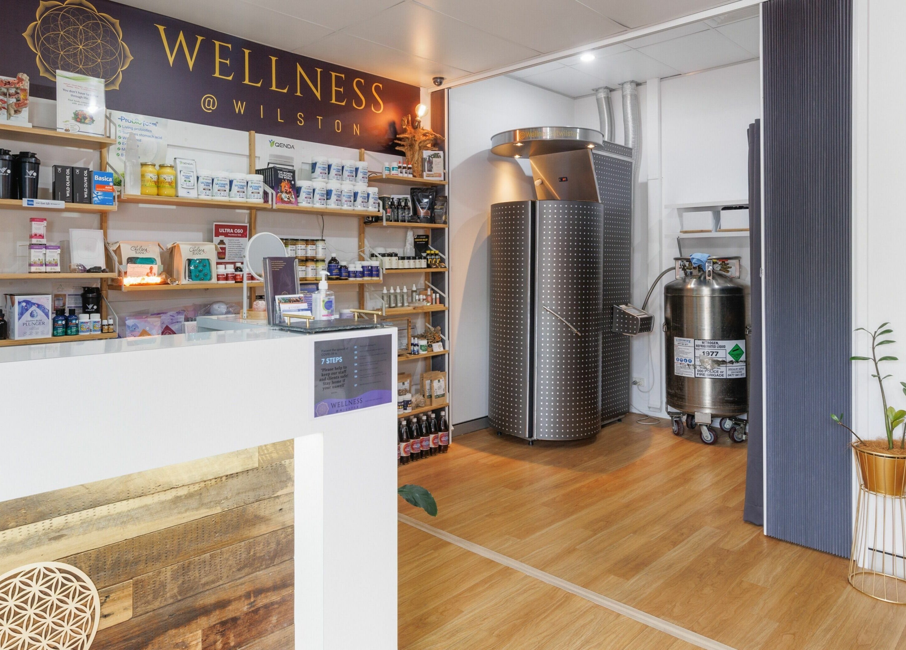 Reception and cryotherapy area at Wellness at Wilston, Wilston, QLD, AU. Modern design and wellness products displayed.
