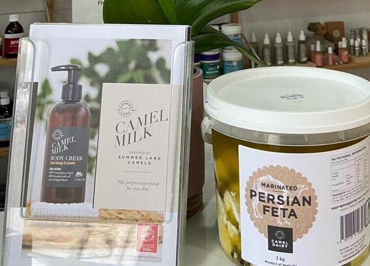 Camel milk body cream and Persian feta on display at Wellness at Wilston in Wilston, QLD, AU.