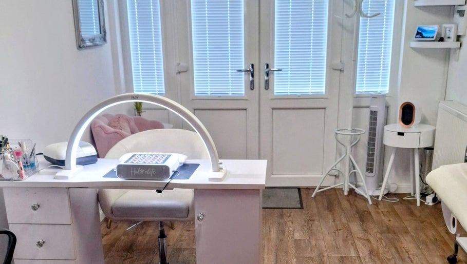 Modern nail station at Just Beauty by Zoe, Houghton le Spring, England, GB, with elegant decor and tools.