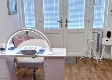 Modern nail station at Just Beauty by Zoe, Houghton le Spring, England, GB, with elegant decor and tools.