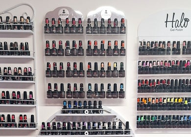 Vivid nail polish display at Just Beauty by Zoe, Houghton le Spring, England, GB showcasing colorful selections.