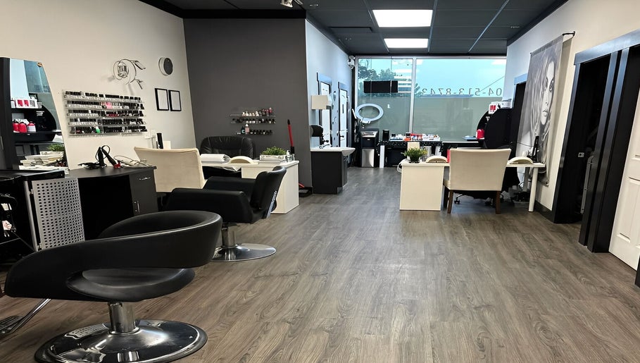 Modern interior of Buhf Beauty Boutique in Langley City, British Columbia, CA showcasing stylish salon seating and decor.