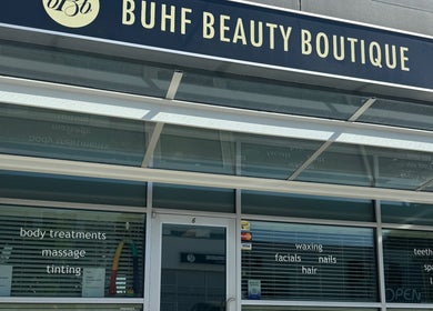 Exterior of Buhf Beauty Boutique in Langley City, BC, CA, featuring stylish signage and treatment offers.