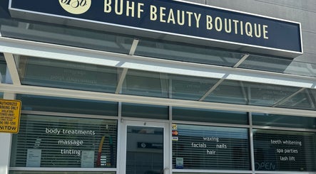 Exterior of Buhf Beauty Boutique in Langley City, BC, CA, featuring stylish signage and treatment offers.