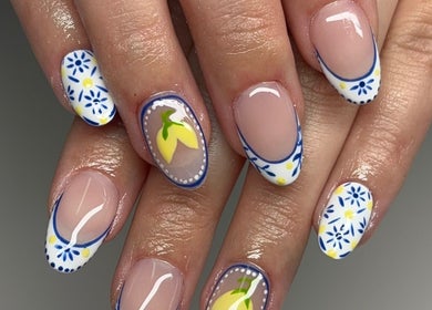 Floral and lemon nail art at Groove Salon, Newtown, New South Wales, AU. Vibrant designs with artistic flair.