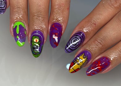 Vibrant alien-themed nail art at Groove Salon, Newtown, New South Wales, AU. Unique nail design in purple hues.