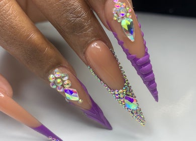 Intricate purple and rhinestone nail art at Infinity Nails, Windhoek, Khomas Region, NA.