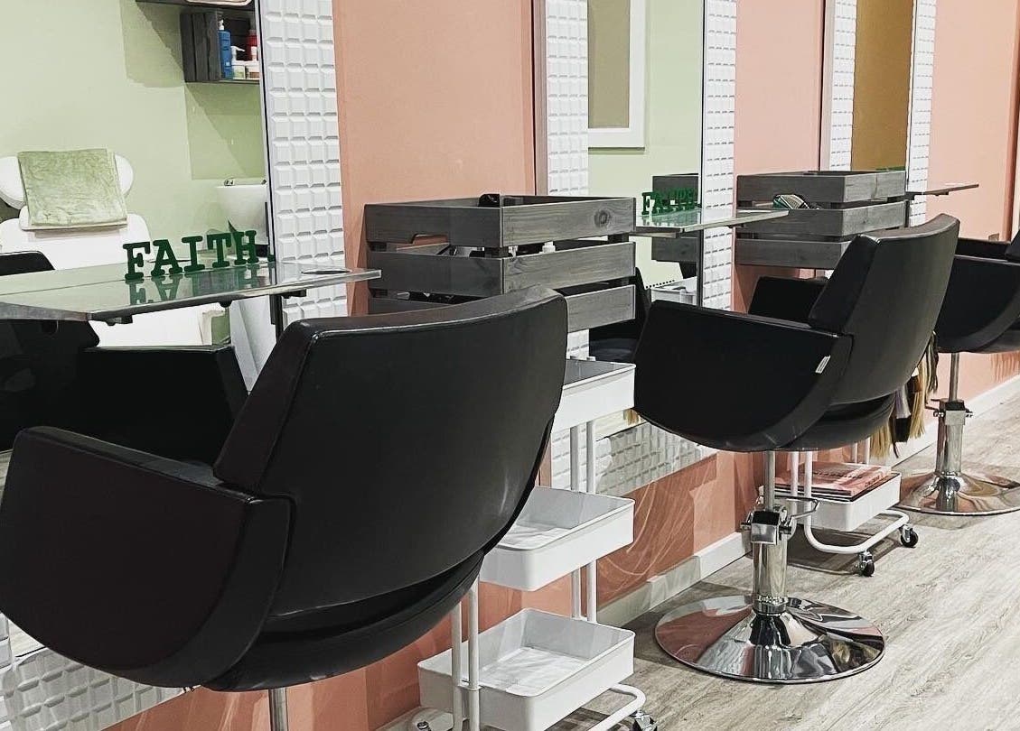 Stylish salon chairs at Faith. Hair and Beauty in Chislehurst, England, GB.